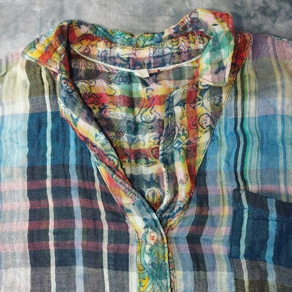 Pilcro Anthropologie Women’s Top XS Multicolor Plaid Button Boho Crinkle Y2K - Picture 10 of 12